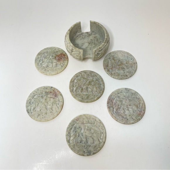Carved Stone Elephants Coasters Set of 6 With Storage Holder READ - Picture 13 of 16